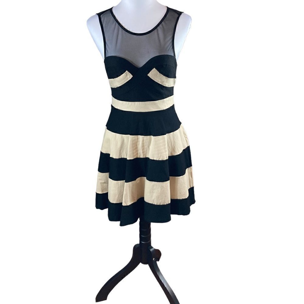 Point Brand Black And Tan Sleeveless Fit And Flare Striped Dress, Size L